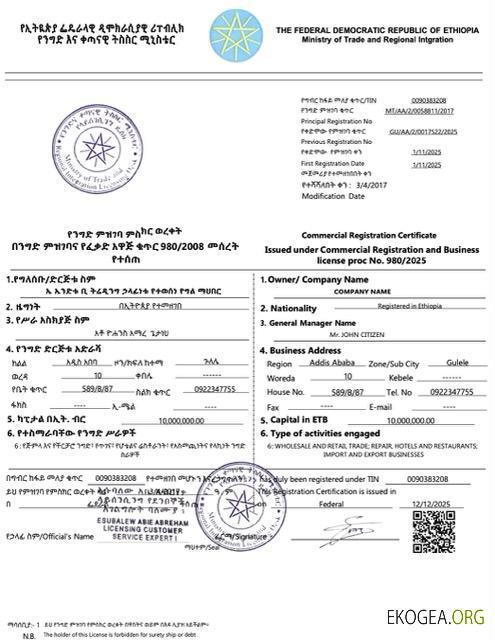 Modèle Word et PDF de certificat d'enregistrement commercial en Éthiopie